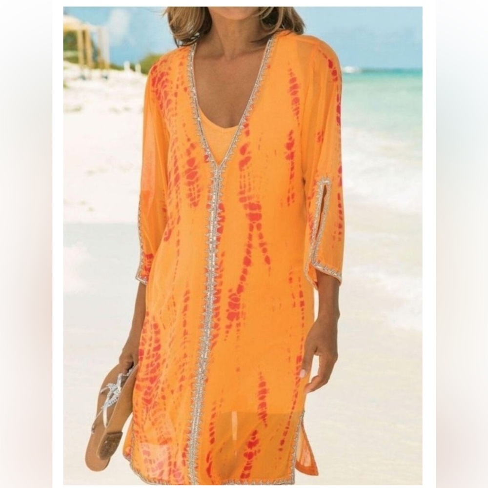 Soft Surroundings Caftan Coverup 2X Beaded Tie Dye Orange Beach Resort Cruise‎